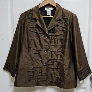 Ann Gerlin Blazer Women 16 Olive Green Asymmetrical Pleated 3/4 Sleeve Button